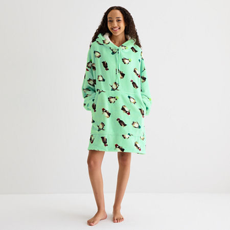 Sleep Chic One Size Fits Most Womens Fleece Hooded Long Sleeve Nightgown In Blue