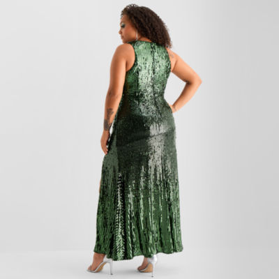 Bob Mackie Womens Plus Sleeveless Sequin Evening Gown