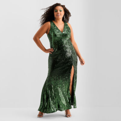 Bob Mackie Womens Plus Sleeveless Sequin Evening Gown