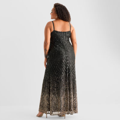 Bob Mackie Womens Plus Sleeveless Sequin Evening Gown