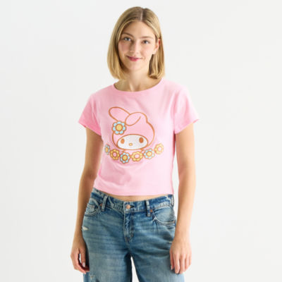 Womens Crew Neck Short Sleeve Fitted Hello Kitty Juniors Graphic T-Shirt