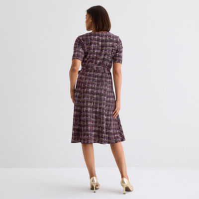 Perceptions Womens Short Sleeve Plaid Midi Fit + Flare Dress