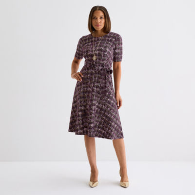 Perceptions Womens Short Sleeve Plaid Midi Fit + Flare Dress