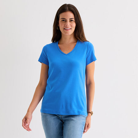 St. John's Bay Womens V Neck Short Sleeve T-shirt In Blue