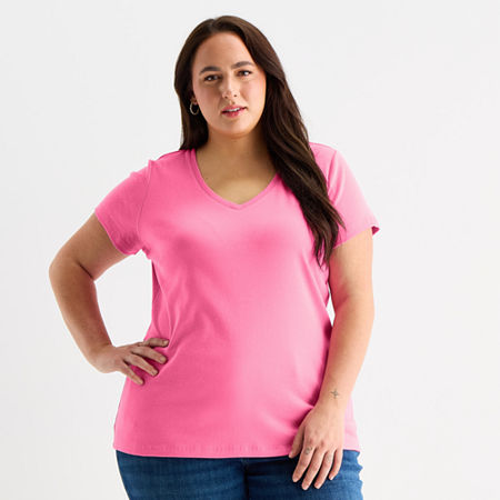 St. John's Bay Womens Plus V Neck Short Sleeve T-shirt In Pink