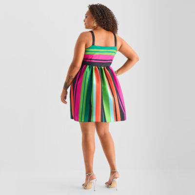 Bob Mackie Womens Plus Sleeveless Striped Fit + Flare Dress