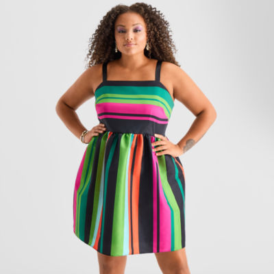 Bob Mackie Womens Plus Sleeveless Striped Fit + Flare Dress