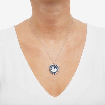 Womens Blue Resin and Simulated Crystal Sterling Silver Cameo Heart Pendant Necklace