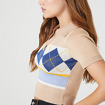 Forever 21 Women's Cropped Jersey-Knit Polo Shirt in White Small | Back to School Essentials | F21