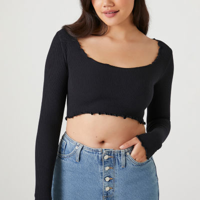 Women's Black Crop Top Scoop Neck Long Sleeve Rib