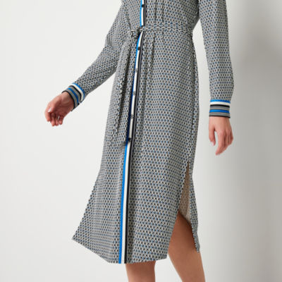 Worthington Womens Long Sleeve Geometric Midi Shirt Dress
