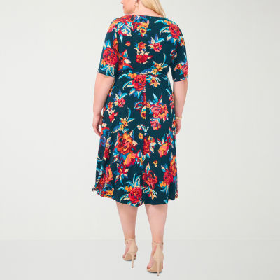 MSK Womens Plus Short Sleeve Floral Midi Fit + Flare Dress