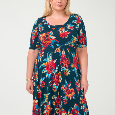 MSK Womens Plus Short Sleeve Floral Midi Fit + Flare Dress