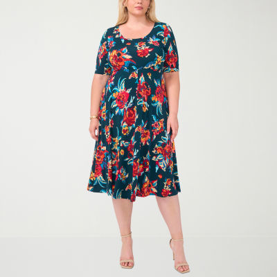 MSK Womens Plus Short Sleeve Floral Midi Fit + Flare Dress