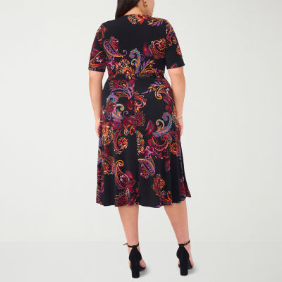 MSK Womens Short Sleeve Floral Midi Fit + Flare Dress Plus