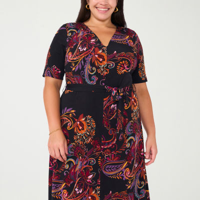 MSK Womens Plus Short Sleeve Floral Midi Fit + Flare Dress