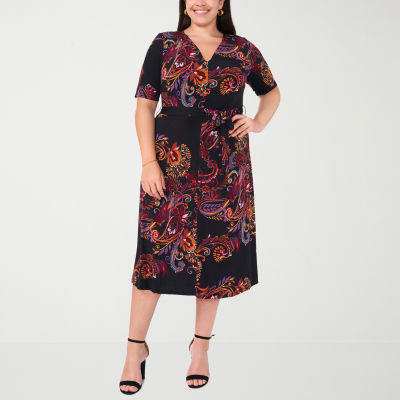 MSK Womens Plus Short Sleeve Floral Midi Fit + Flare Dress