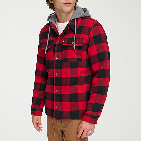 Levi's Men's Sherpa Lined Hooded Plaid Shirt Jacket, Small, Red