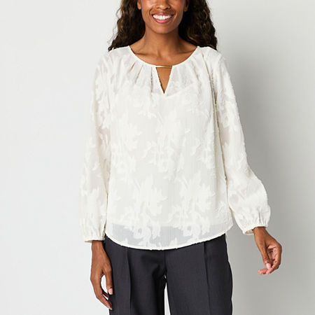 Liz Claiborne Womens Keyhole Neck Long Sleeve Blouse, Petite X-small, Beige