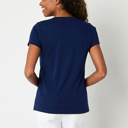 St. John's Bay Womens V Neck Short Sleeve T-Shirt, Petite Medium, Blue