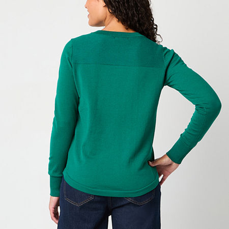 Liz Claiborne Womens Crew Neck Long Sleeve Striped Pullover Sweater, Petite Medium, Green