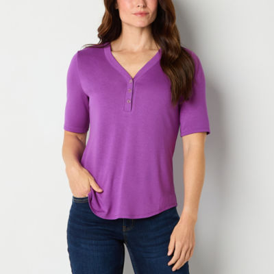 Liz Claiborne Womens Henley Neck Elbow Sleeve Shirt