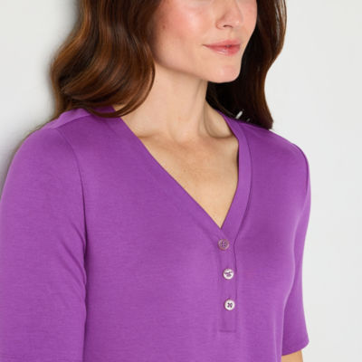 Liz Claiborne Womens Henley Neck Elbow Sleeve Shirt