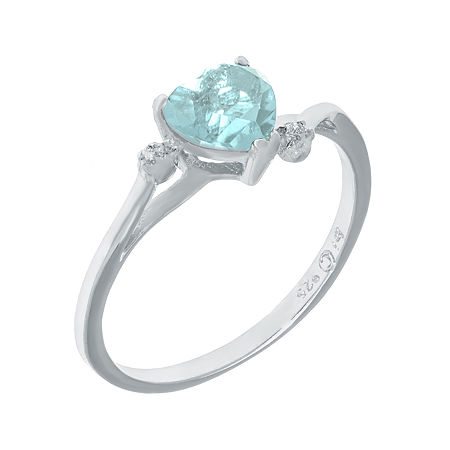 Simulated Aquamarine and Genuine White Topaz Sterling Silver Heart-Shaped Ring, 8, Blue