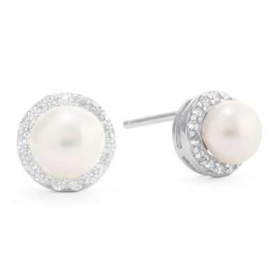 Silver Treasures White Cultured Freshwater Pearl 8.5mm Round Stud Earrings