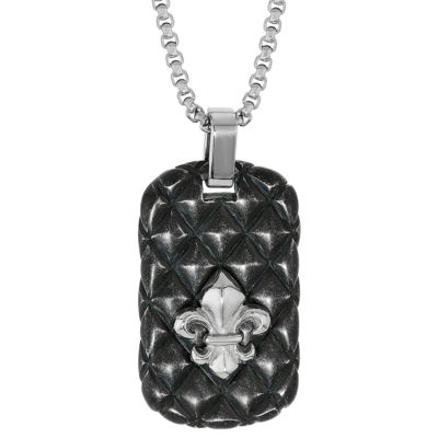 Mens Sterling Silver Dog Tag Fleur De Lis 24 Inch Pendant Necklace