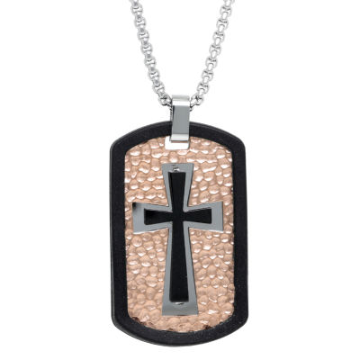 Mens Sterling Silver Cross Dog Tag 24 Inch Pendant Necklace