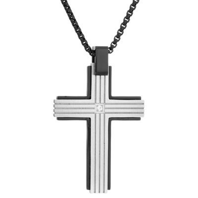 Mens White Cubic Zirconia Sterling Silver Cross 24 Inch Pendant Necklace