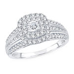 Womens 1/2 CT. T.W. Genuine White Diamond 10K White Gold Cushion Side Stone Halo Engagement Ring