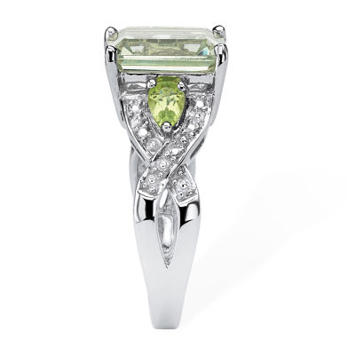 Womens Genuine Green Quartz Platinum Over Silver Cocktail Ring