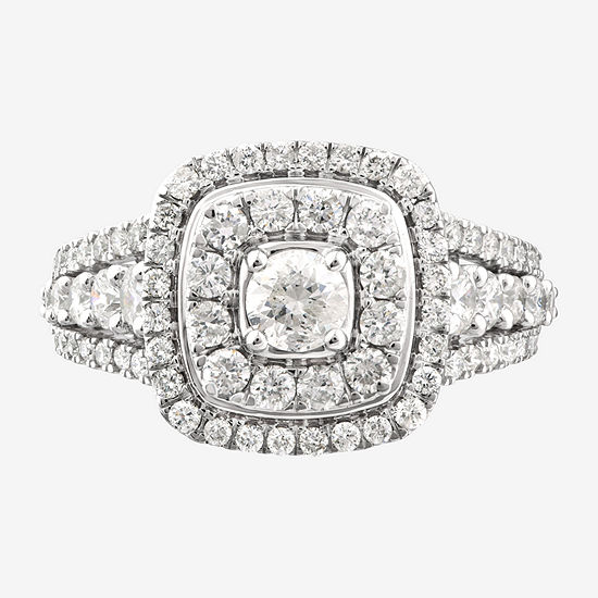 Signature By Modern Bride Womens 1 1/2 CT. T.W. Genuine White Diamond 10K White Gold Cushion Side Stone Halo Engagement Ring