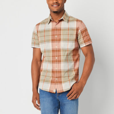 mutual weave Mens Regular Fit Short Sleeve Plaid Poplin  Button-Down Shirt