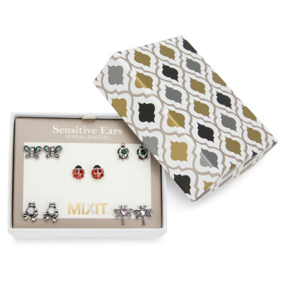 Mixit Hypoallergenic Silver Tone Ladybug Turtle Frog Dragonfly 5 Pair Butterfly Earring Set