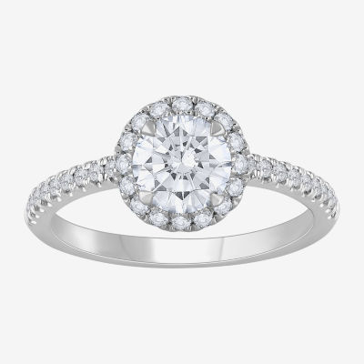 H-I / Si1) Womens 1 1/ CT. T.W. Lab Grown White Diamond 14K Gold Round Side Stone Halo Engagement Ring