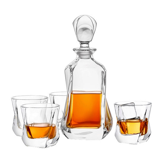 Joyjolt Aurora Whiskey Crystal Decanter, Glass 4 Pc -Dishwasher Safe Lead Free Drinkware Set