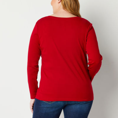 St. John's Bay Womens Plus V Neck Long Sleeve T-Shirt