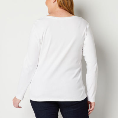 St. John's Bay Womens V Neck Long Sleeve Plus T-Shirt