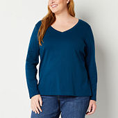  Womens Plus Size T Shirt V Neck Loose Fit Long Sleeve