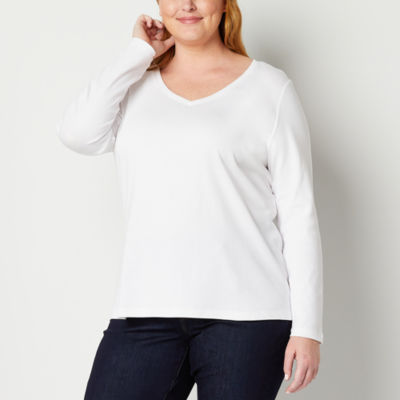 St. John's Bay Womens V Neck Long Sleeve Plus T-Shirt