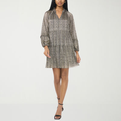 MSK Womens Long Sleeve Floral Shift Dress, Color: Black Gold