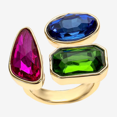 Bijoux Bar Gold Tone Womens 6-7mm Multi Color Crystal 14K Gold Over Brass 3-Stone Cocktail Ring