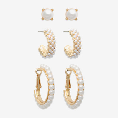 Mixit Gold Tone 3 Pair Simulated Pearl Round Earring Set