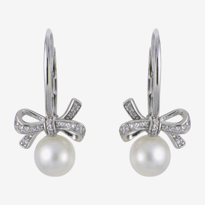 White Cultured Freshwater Pearl Sterling Silver Bow Drop Earrings