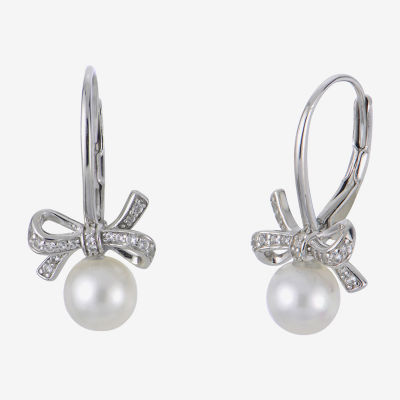 White Cultured Freshwater Pearl Sterling Silver Bow Drop Earrings