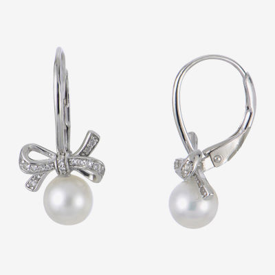 White Cultured Freshwater Pearl Sterling Silver Bow Drop Earrings