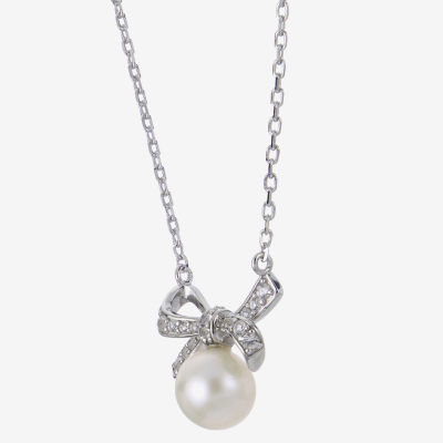 Womens White Cultured Freshwater Pearl Sterling Silver Bow Pendant Necklace